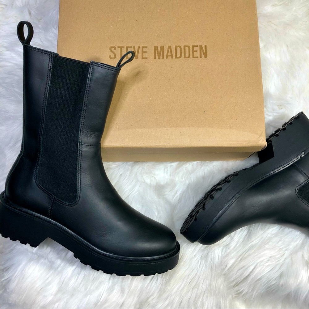 🎱NIB!!! Steve Madden Matte Black Leather Lug Sole Chelsea Pull On Boots W 8.5